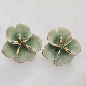 Vintage Green Enamel with Gold Tone Accents Mid Centery Pierced Earrings